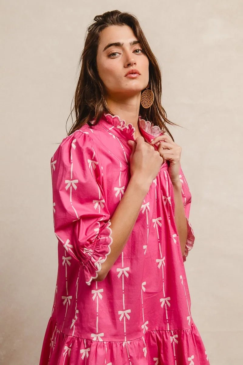 BiBi Ribbon Patterns With Scallops Edge Details Short Sleeve Dress - Jennie Dots