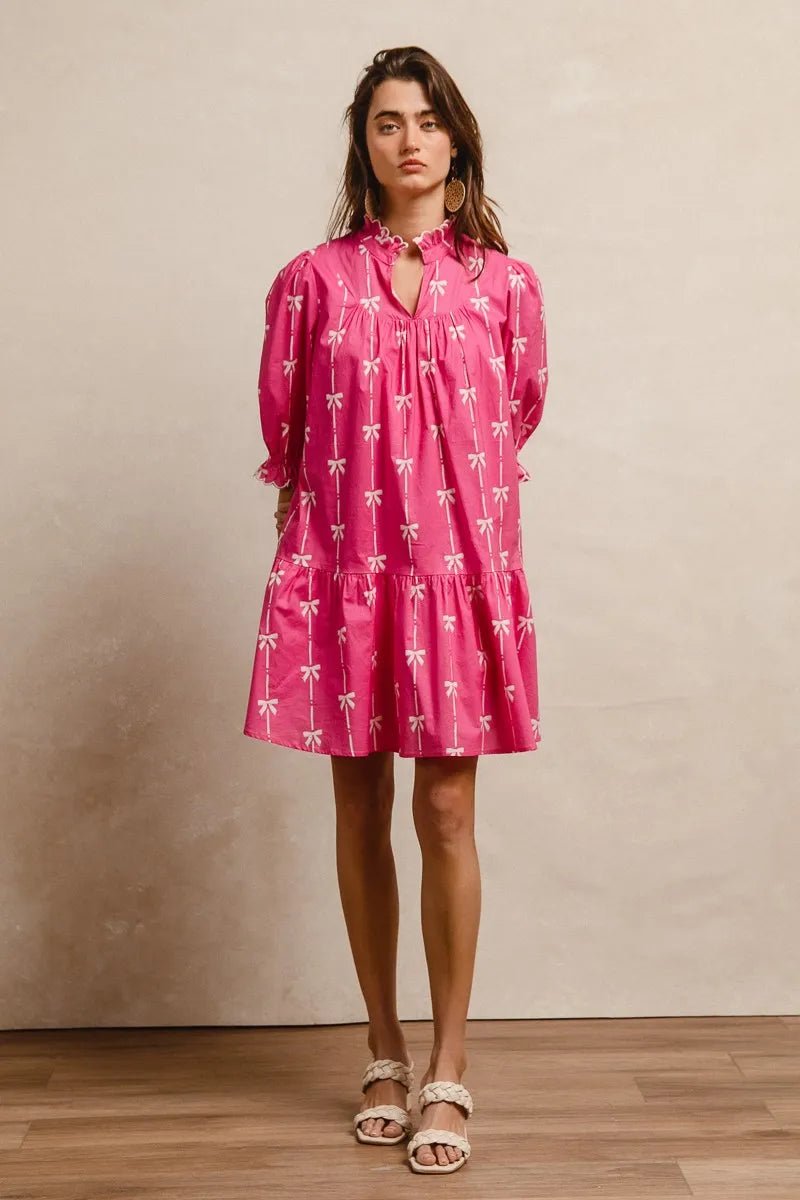 BiBi Ribbon Patterns With Scallops Edge Details Short Sleeve Dress - Jennie Dots