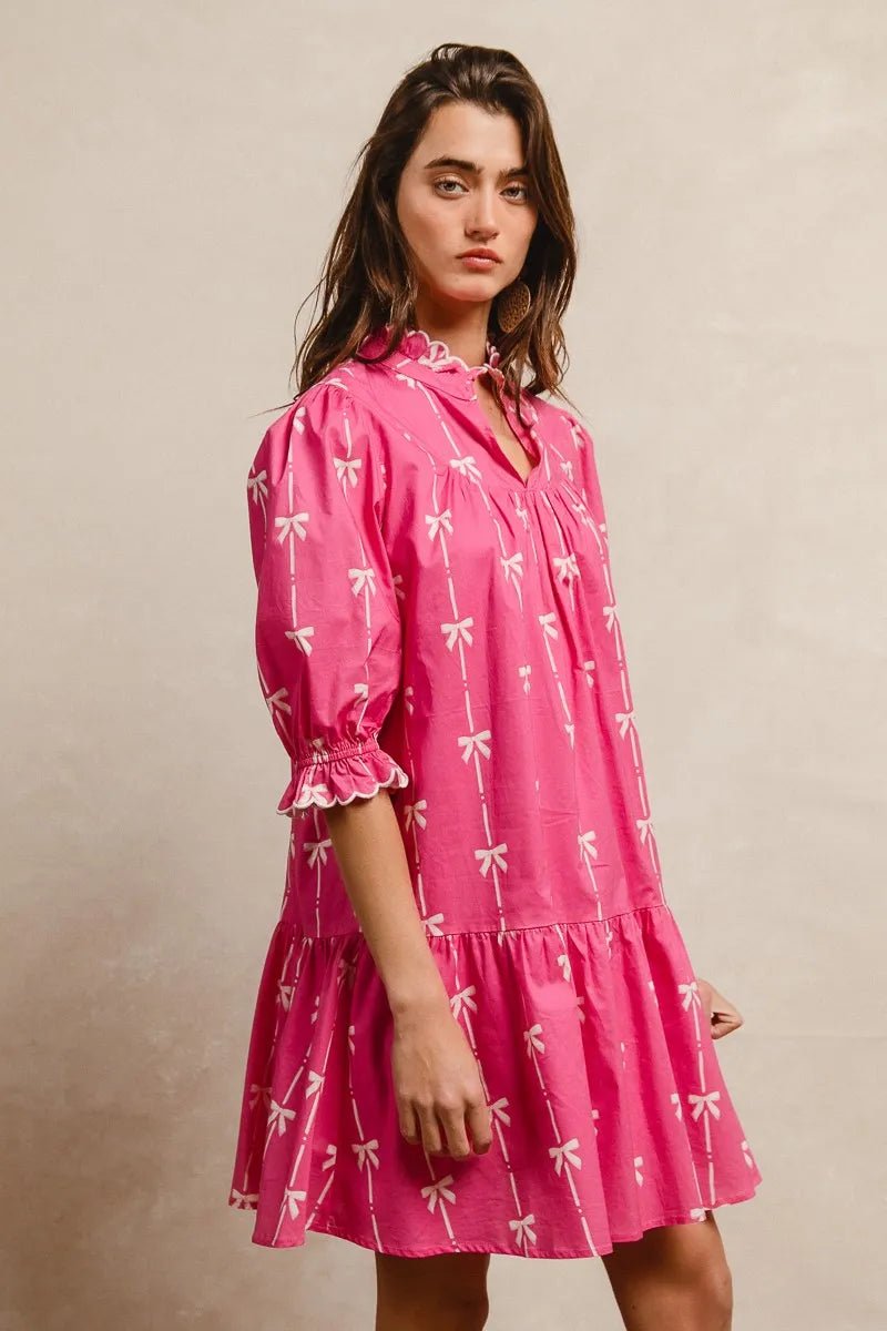 BiBi Ribbon Patterns With Scallops Edge Details Short Sleeve Dress - Jennie Dots