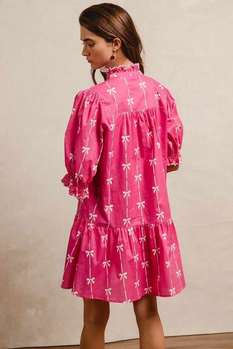 BiBi Ribbon Patterns With Scallops Edge Details Short Sleeve Dress - Jennie Dots