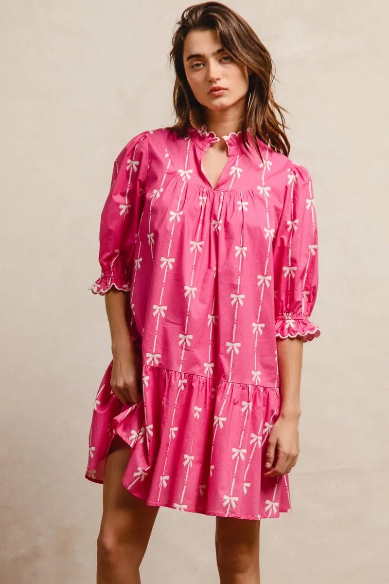 BiBi Ribbon Patterns With Scallops Edge Details Short Sleeve Dress - Jennie Dots