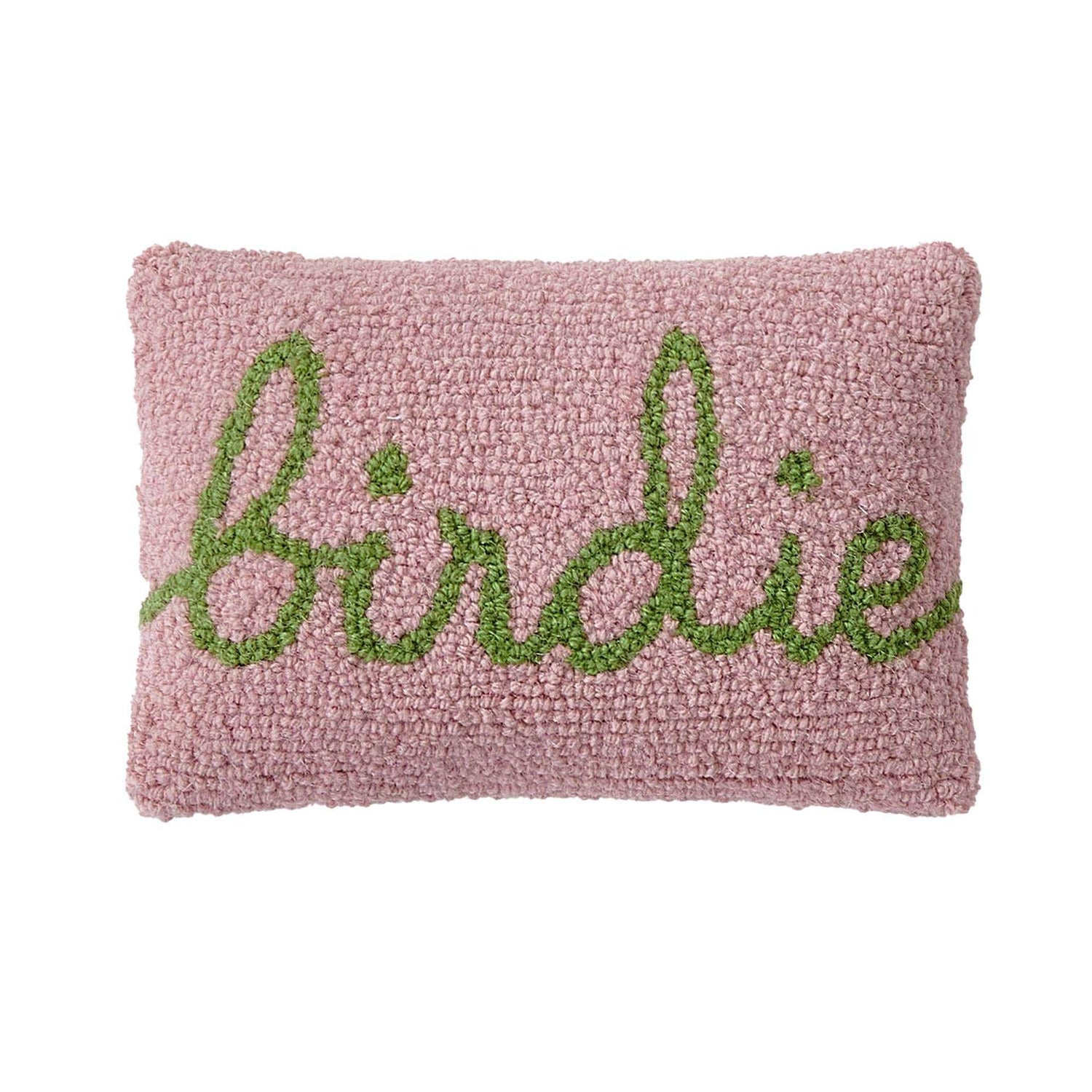 Birdie Hook Pillow with wool design and velvet backing, 8x12 inch throw pillow.