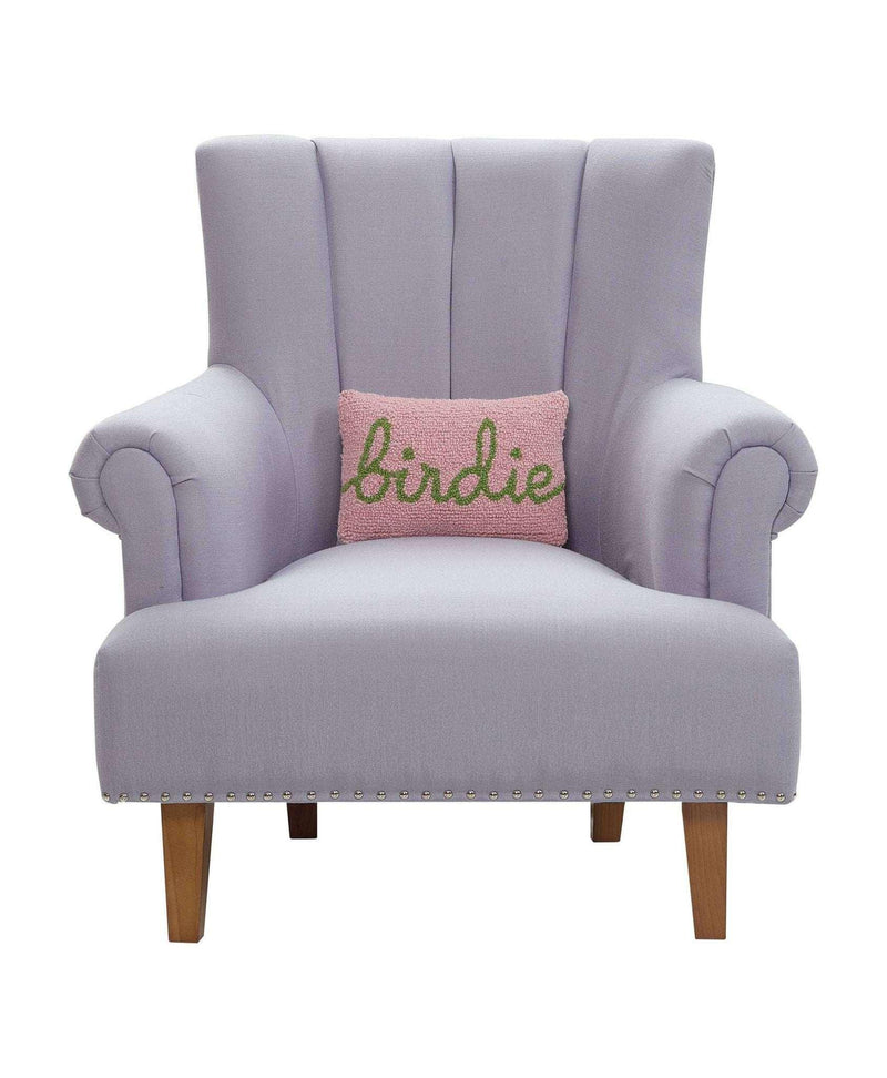 Birdie Hook Pillow on purple chair, 100% wool with polyester insert.