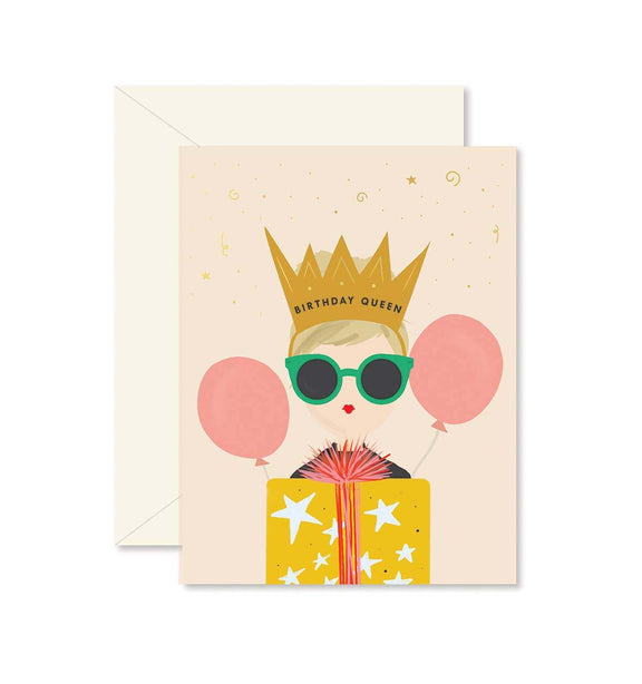 Birthday Queen Greeting Card with gold foil and colorful design, blank interior.