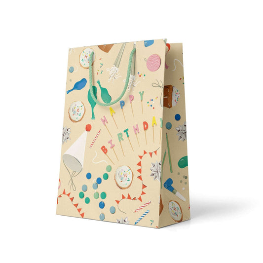 Birthday Trimmings Gift Bag with vibrant design, cotton rope handle, and durable matte paper.