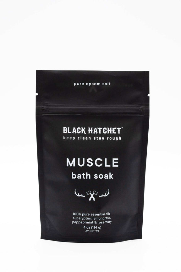 Black Hatchet muscle bath soak package featuring eucalyptus essential oil and pure Epsom salt.