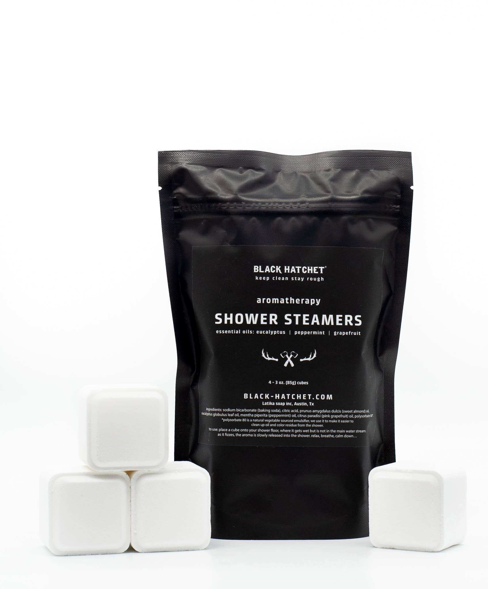 Black Hatchet Shower Steamers with grapefruit, mint, and eucalyptus oils, five cubes per bag.