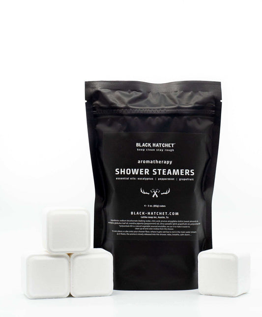 Black Hatchet Shower Steamers with grapefruit, mint, and eucalyptus oils, five cubes per bag.