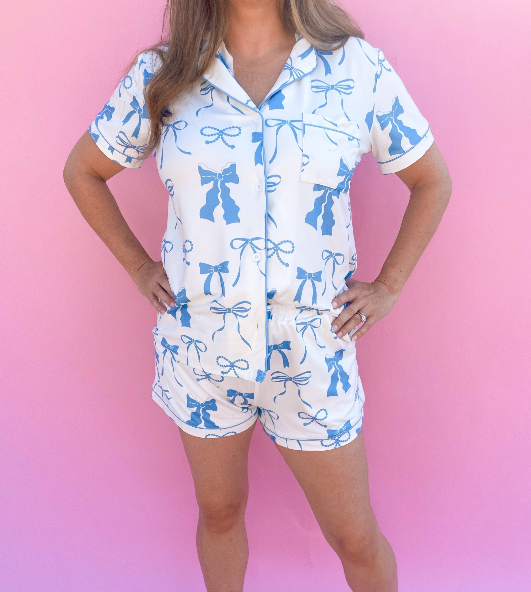 Blue and Cream Bows Short Sleeve Loungewear Pajama Set - Jennie Dots