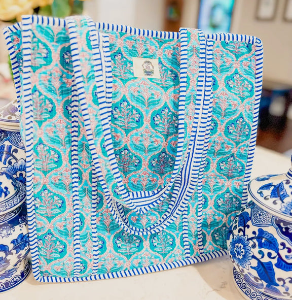 Blue Trellis Dream Quilted Tote Bag - Jennie Dots