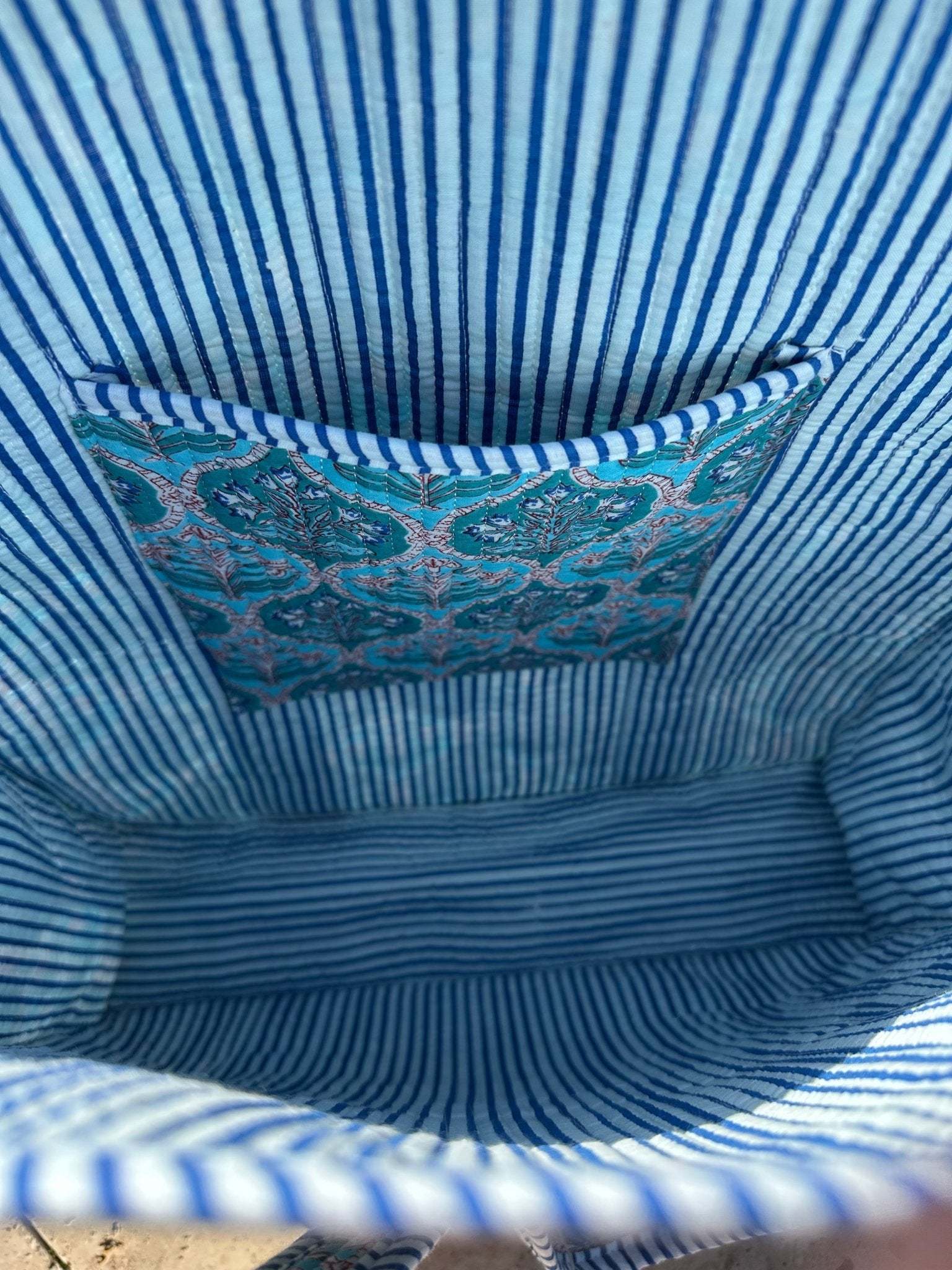 Blue Trellis Dream Quilted Tote Bag, hand-quilted with blue stripes, inside pocket, block-printed fabric.