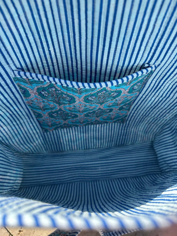 Blue Trellis Dream Quilted Tote Bag, hand-quilted with blue stripes, inside pocket, block-printed fabric.