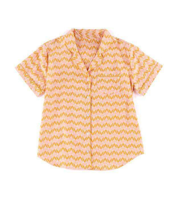 Blush Flora PJ Set in cotton with a pink and yellow zigzag pattern.