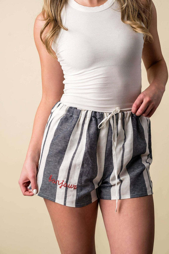 Linen PJ Shorts with elastic waistband and ribbon drawstring.
