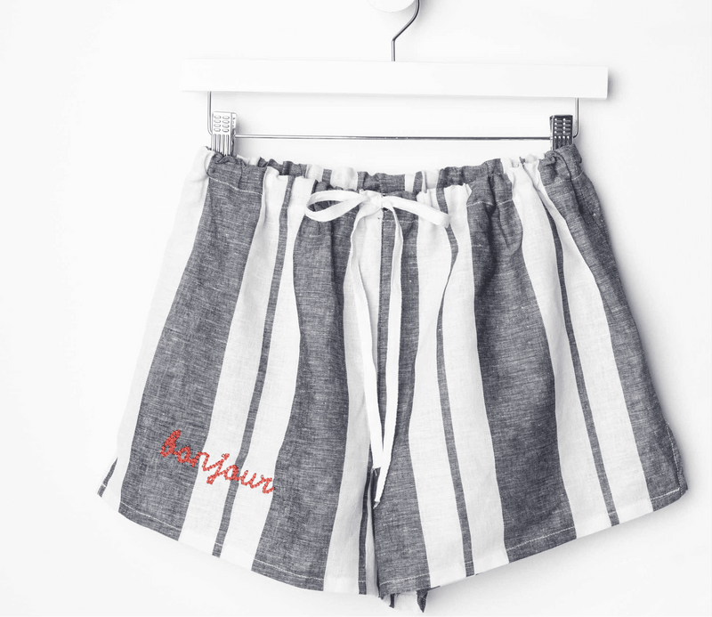 Linen PJ shorts with drawstring waist, perfect for summer lounging.