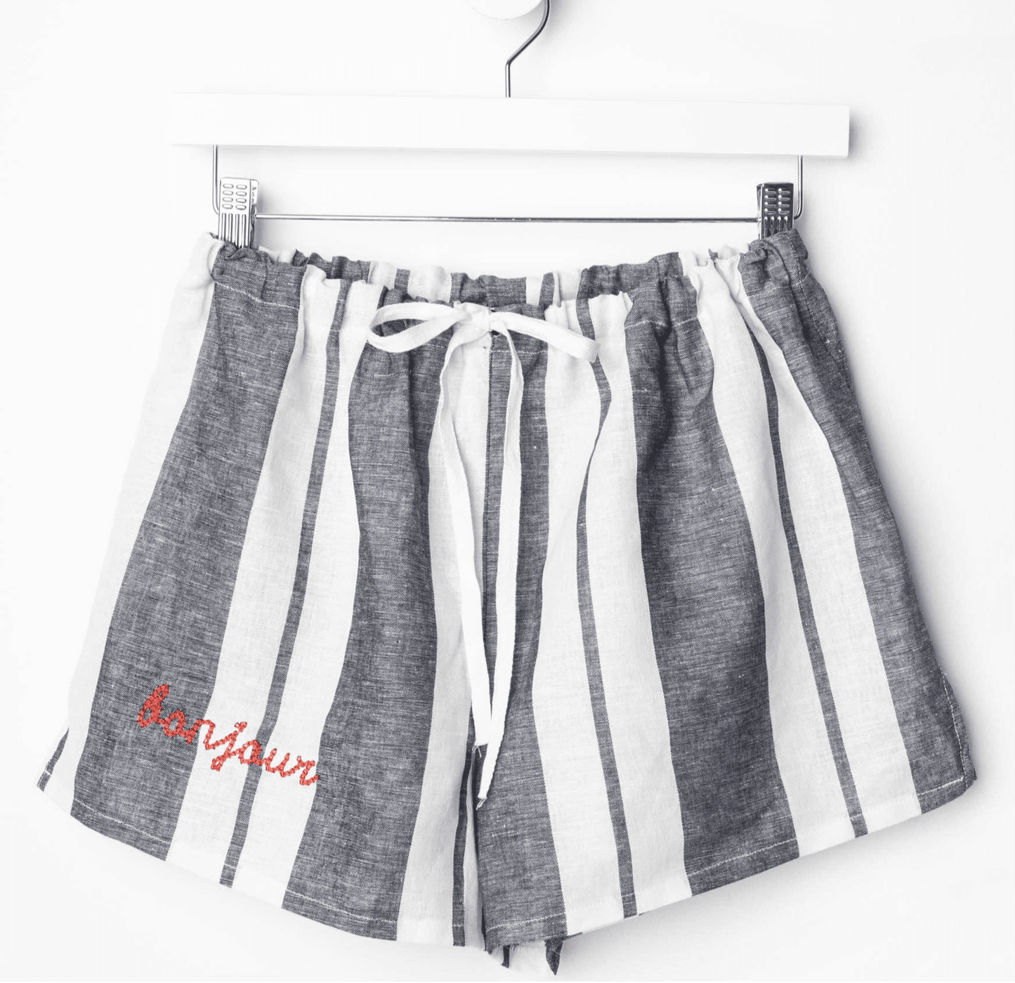 Striped linen PJ shorts with elastic and ribbon drawstring waist.