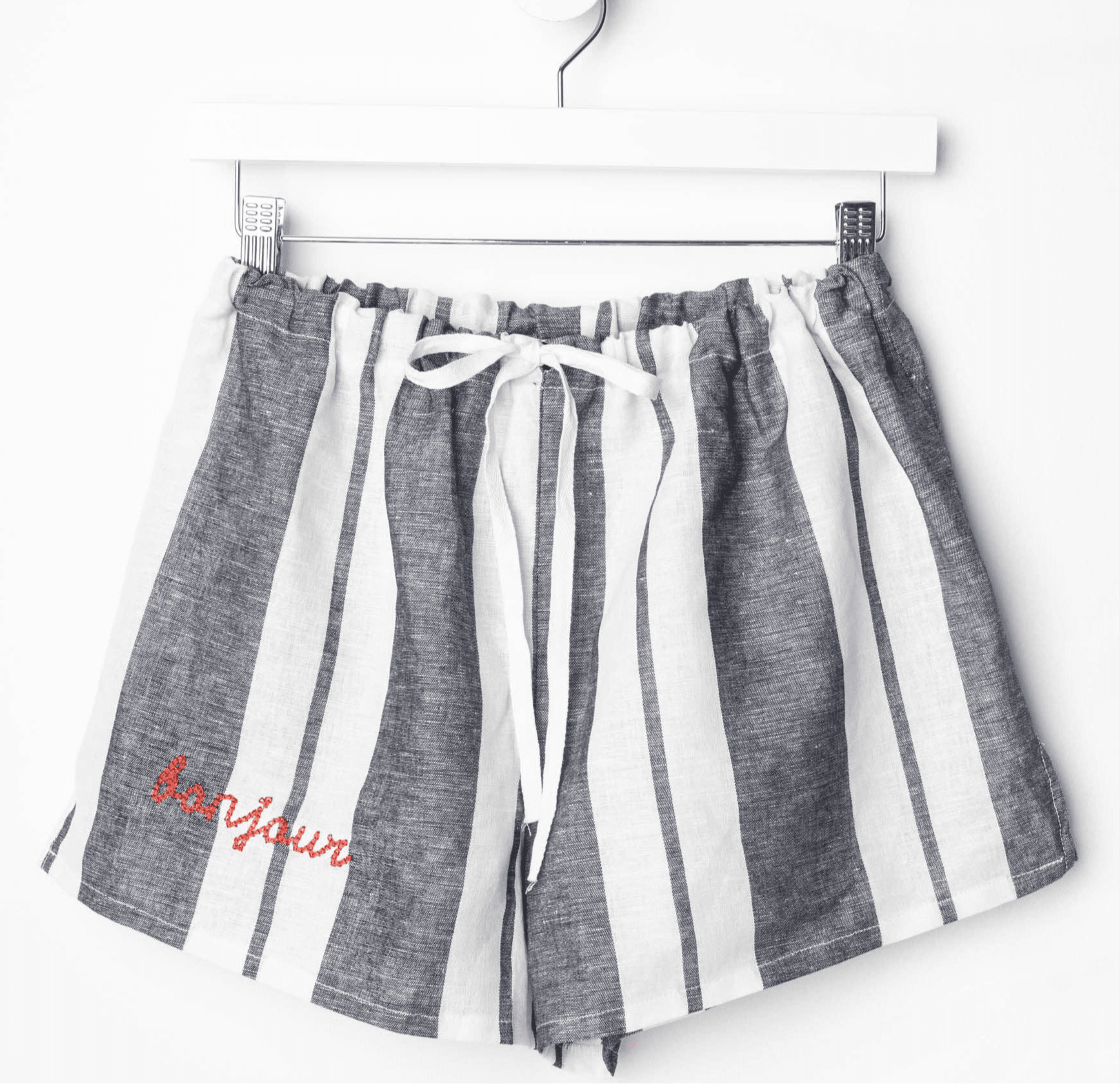 Striped linen PJ shorts with elastic and ribbon drawstring waist.