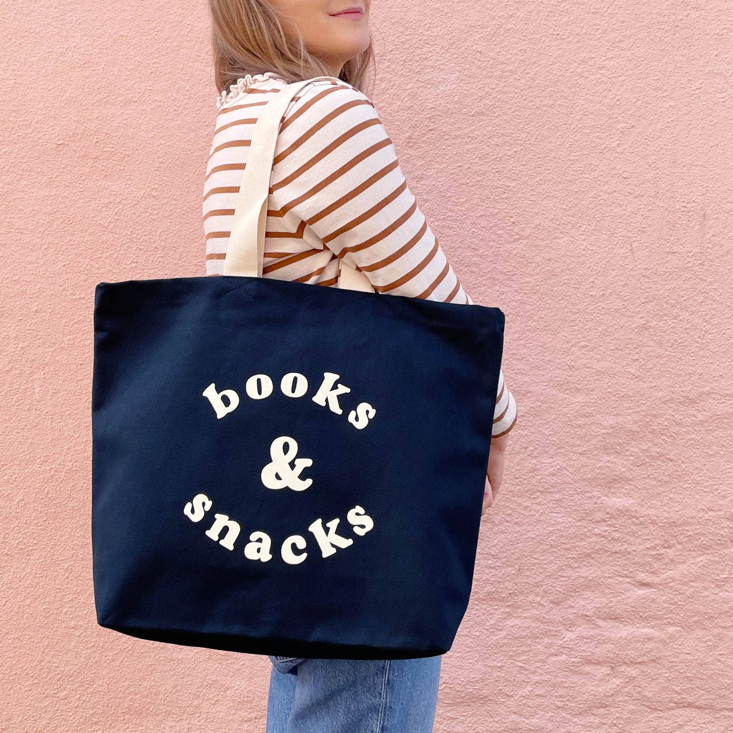 Books & Snacks - Midnight Blue Canvas Tote Bag - Jennie Dots