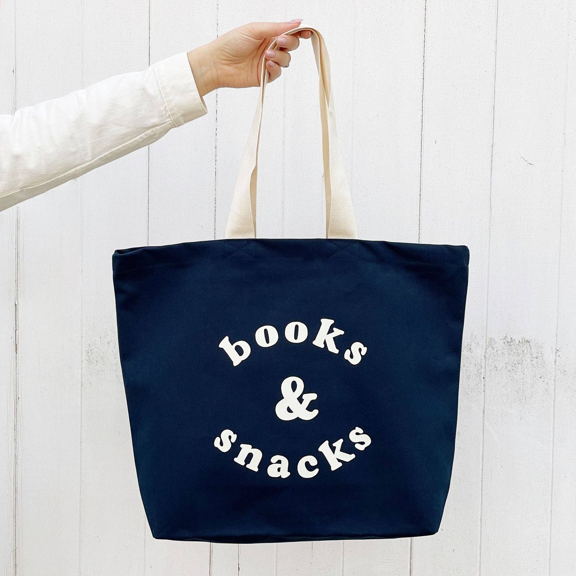 Books & Snacks - Midnight Blue Canvas Tote Bag - Jennie Dots