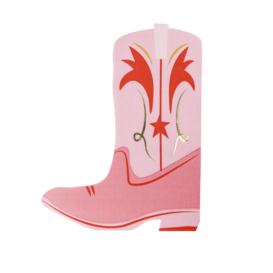 Boot shaped paper dinner napkin with pink design and gold foil accents.