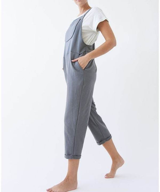 Relaxed fit overalls made from brushed organic hemp and cotton blend, shown in side view.