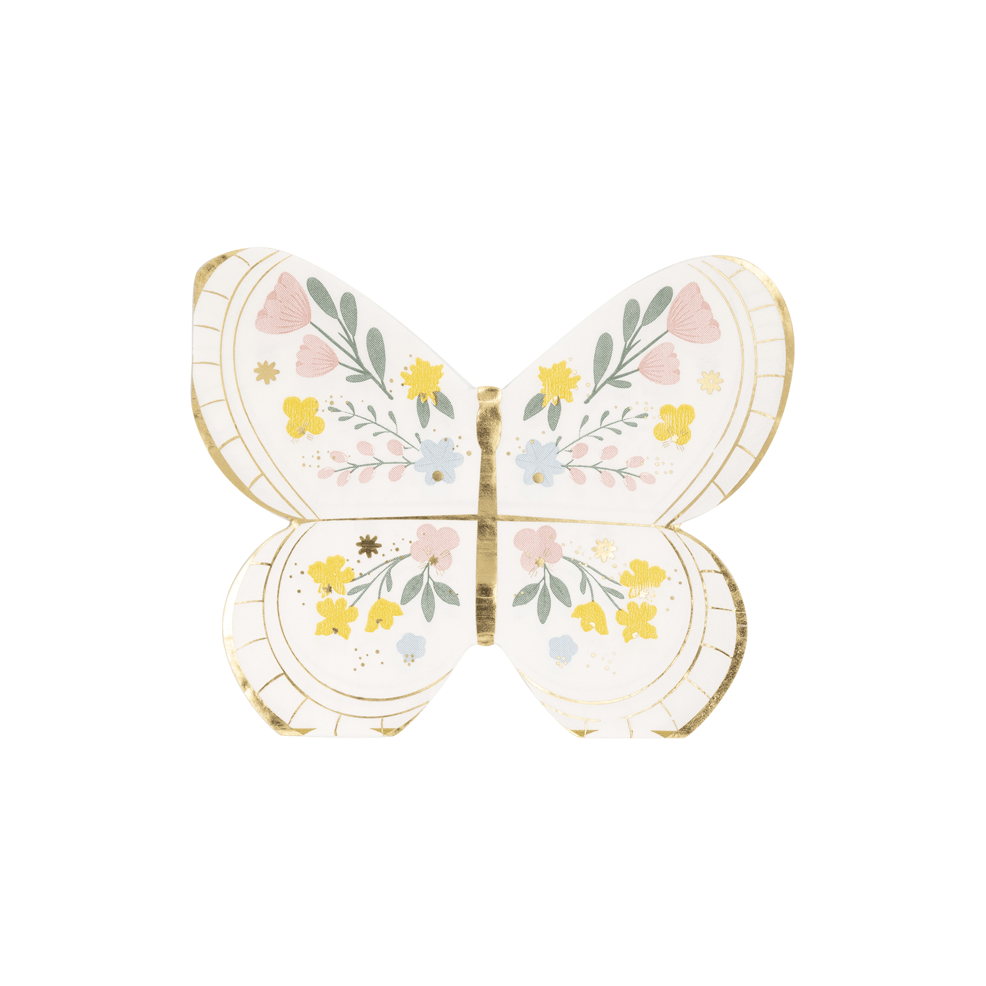 Butterfly napkin with delicate designs and gold foil accents.