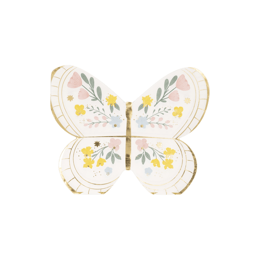 Butterfly napkin with delicate designs and gold foil accents.