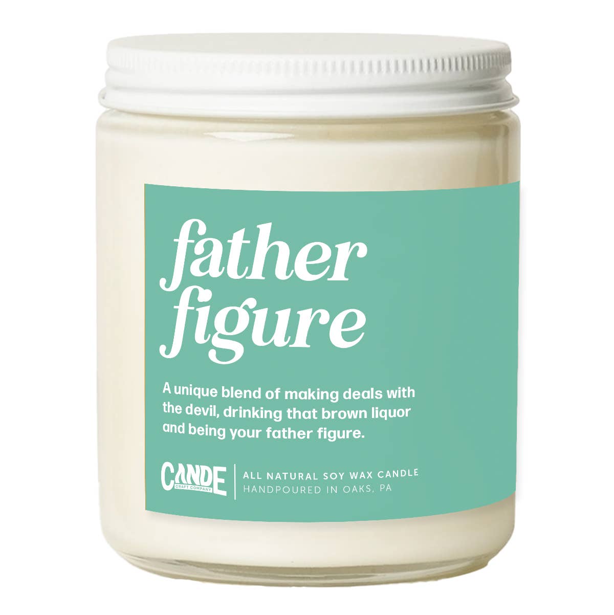 Swiftie Father Figure Candle in a glass jar with a teal label featuring unique scent description and handmade details.