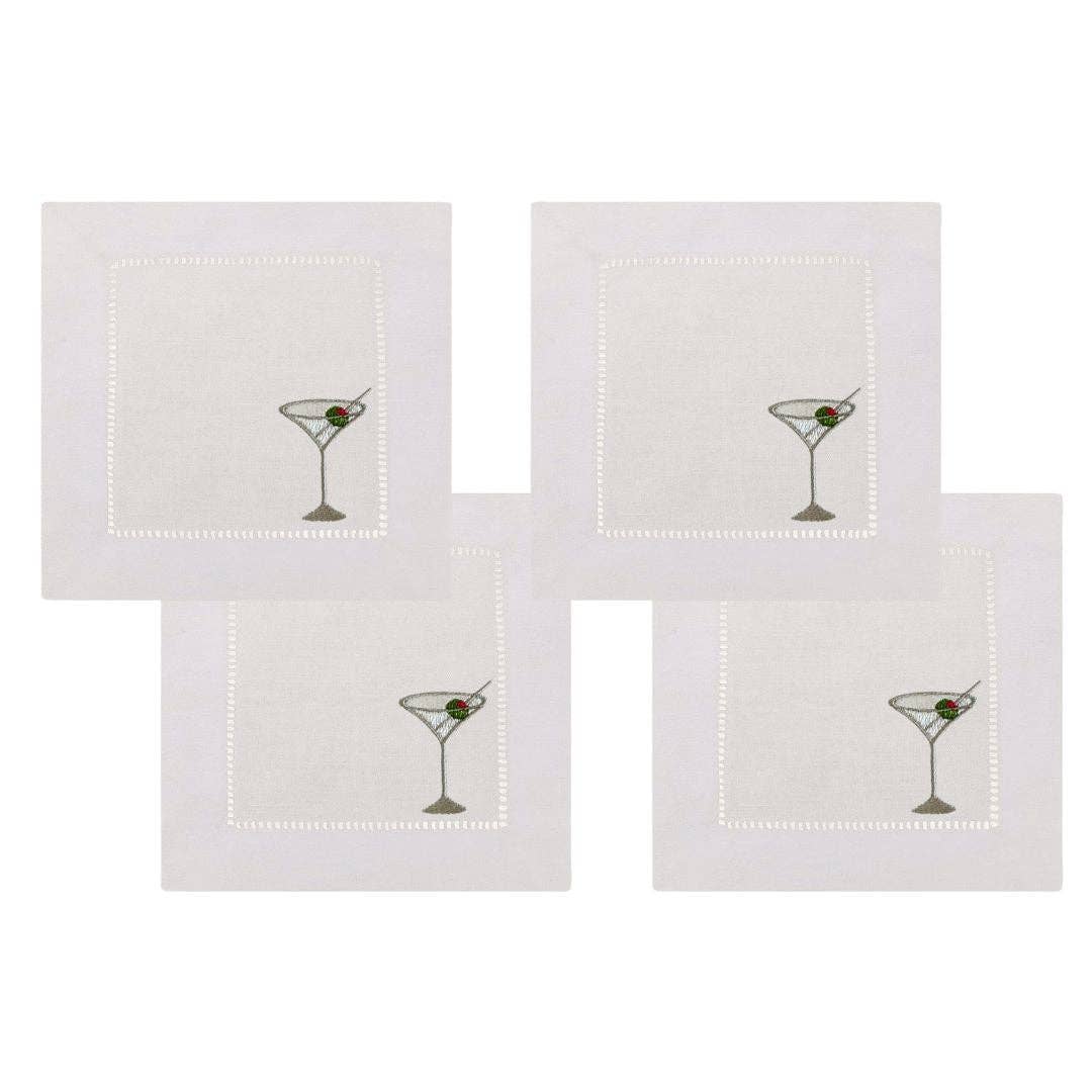 Tiny Hours - Martini Glasses Embroidered Cocktail Napkins- Set of 4