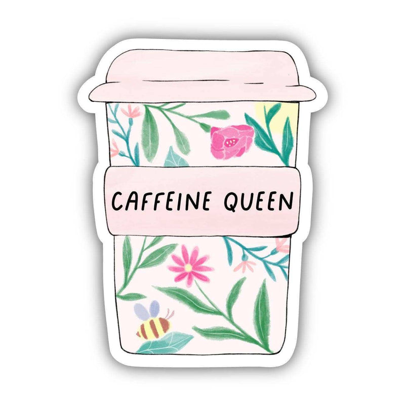 Caffeine Queen Floral Mug Sticker with floral design, 2.28 x 3 inches, durable vinyl.