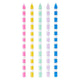 Colorful striped cake candles in pink, yellow, green, purple, and blue, 5.5 inches high.