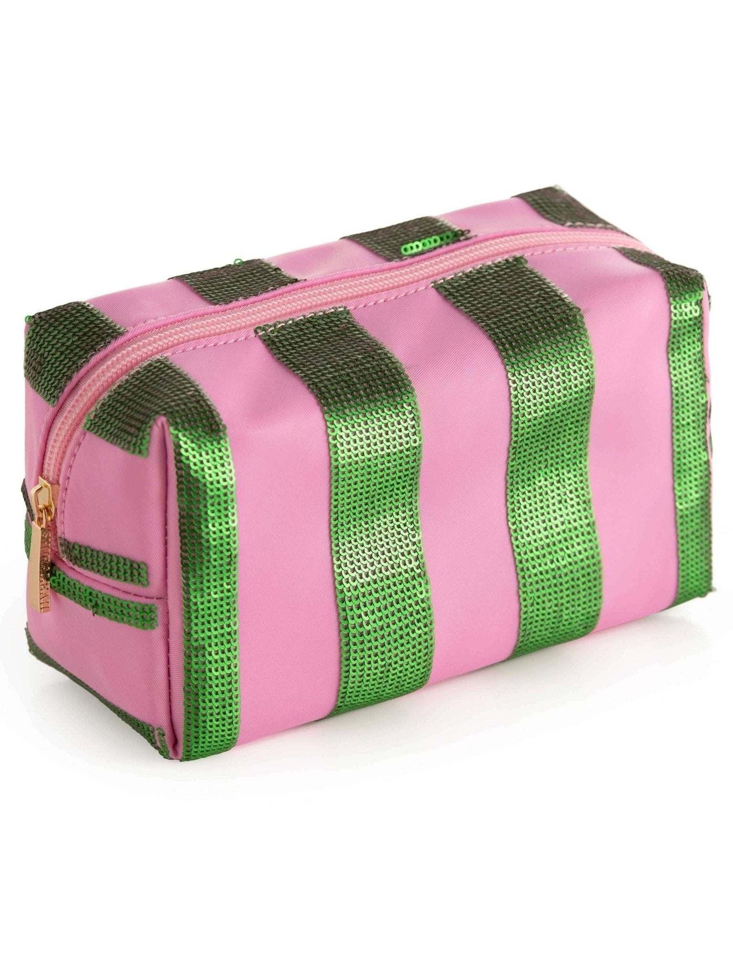 Cara Pink & Green Glimmer Stripe Pouch with top zip closure, vibrant festive stripes, ideal for cosmetics and accessories.