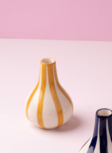Casa Amarosa - Ceramic Stripe bud vase, Yellow - 3.5 x 3.5 x 4.75 Inches - Jennie Dots
