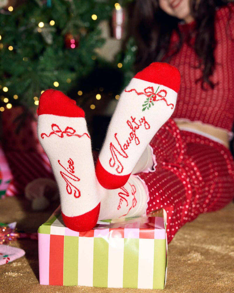 xo, Fetti - Naughty & Nice Knit Socks - cream crew socks Christmas Xmas Holiday Fashion
