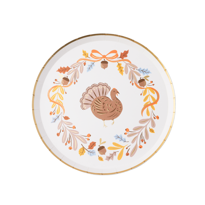 Bonjour Fête - Fall Foliage Turkey Dessert Plates, Gold Foil (8)