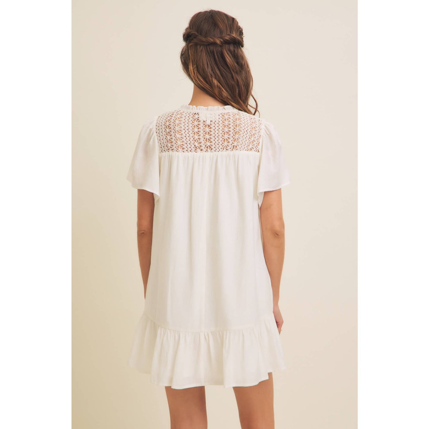 CROCHET MINI DRESS WITH FLARE SLEEVES AND POCKETS