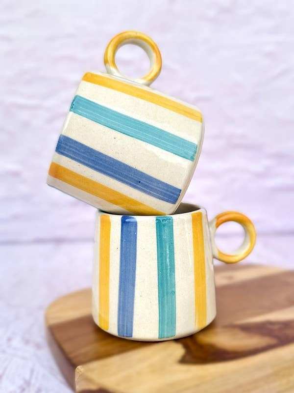 Casa Amarosa ceramic bright striped coffee mug, 450ml, with colorful design.