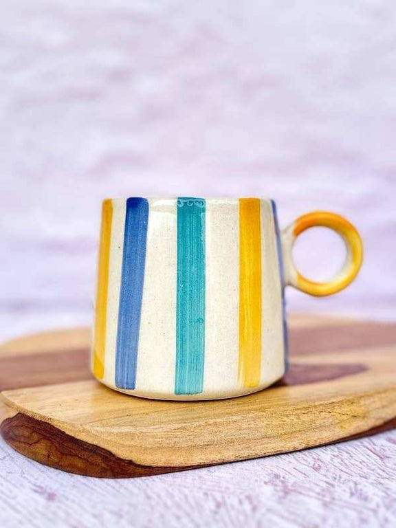 Casa Amarosa ceramic bright striped coffee mug, 450ml capacity, handmade design.