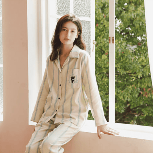 Cotton striped loungewear set in blue and cream with embroidered cat details, cozy and skin-friendly.