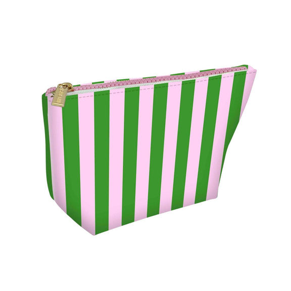 Leather cosmetic bag with pink and green stripes, customizable, size 9"x6".