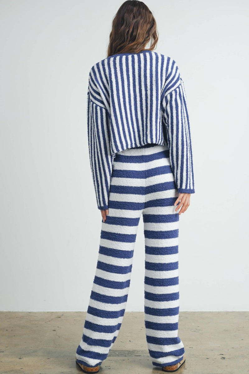 Buttermelon Striped Drawstring Lounge Pants featuring a comfortable drawstring waist and vertical stripes for a stylish look.
