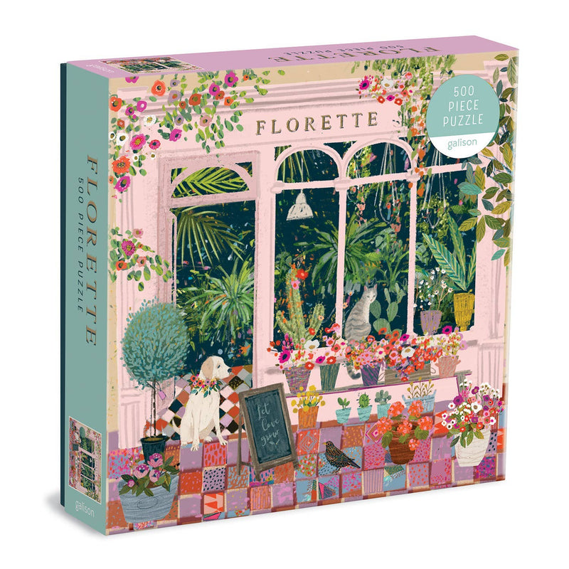 Florette 500 Piece Puzzle packaging featuring a charming plant shop illustration by Victoria Ball.