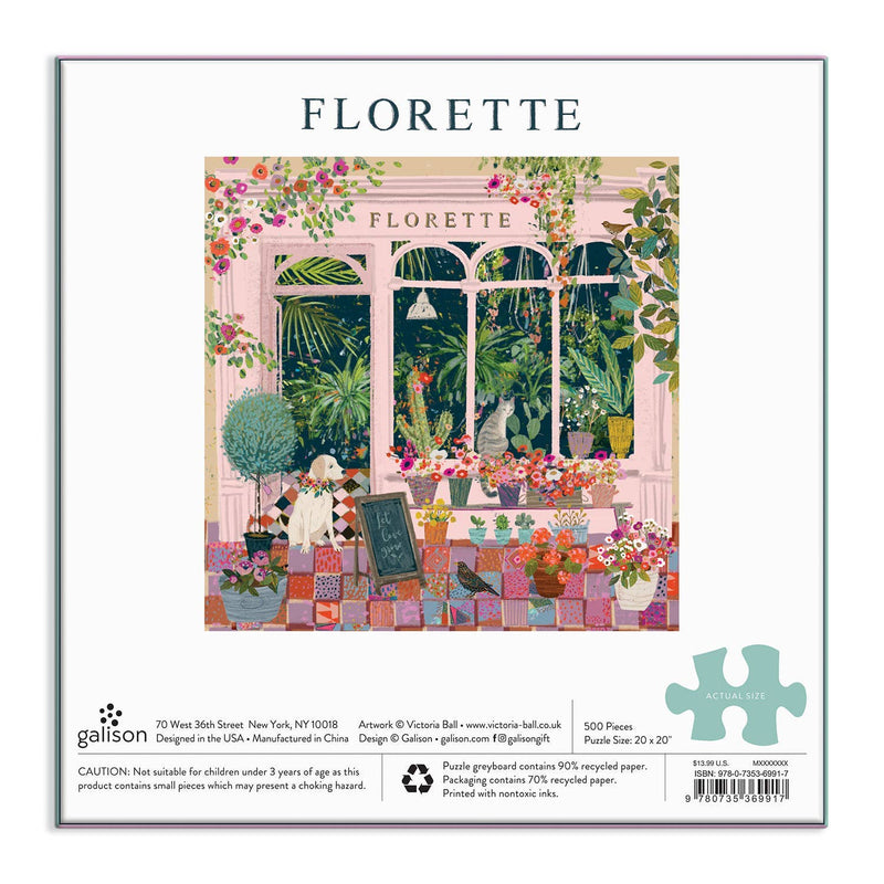 Florette 500 piece puzzle box showcasing plant shop illustration by Victoria Ball.
