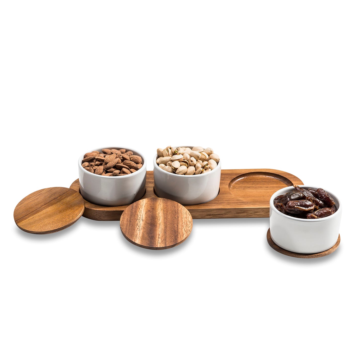 Ceramic Condiment Set on Acacia Wood Base  13" x 3.75"