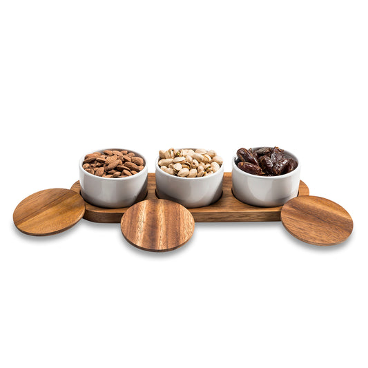 Ceramic Condiment Set on Acacia Wood Base  13" x 3.75"