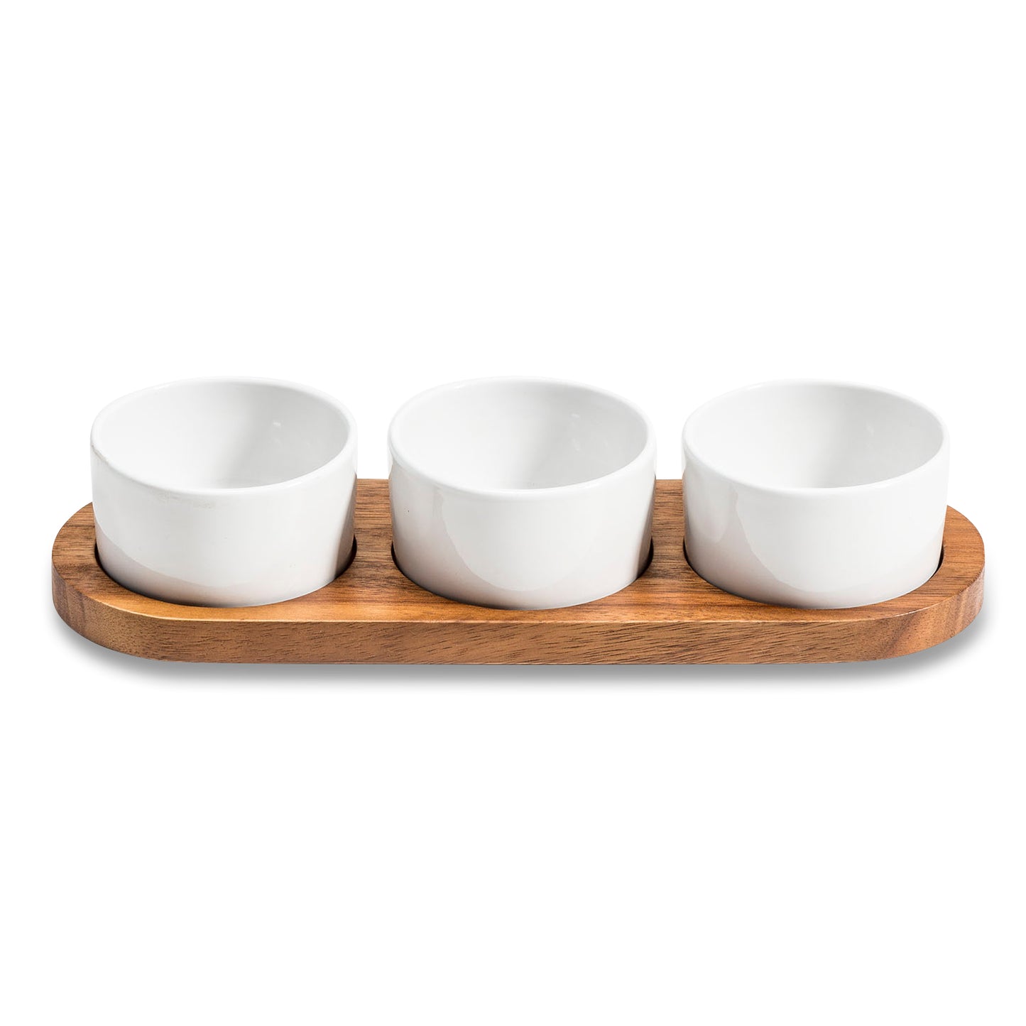 Ceramic Condiment Set on Acacia Wood Base  13" x 3.75"