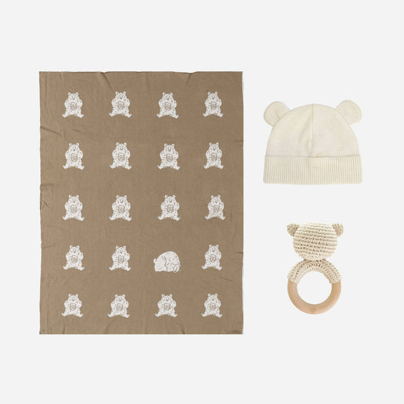 The Blueberry Hill - Set Honey Bear Blanket Hat and Teether Baby Gift Summer - Jennie Dots