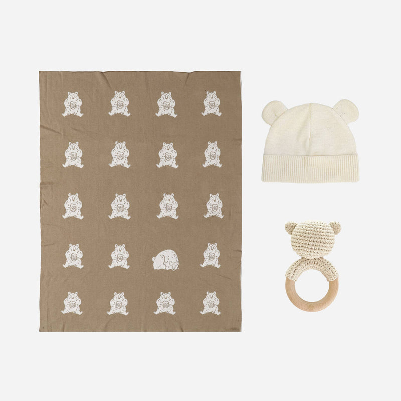 The Blueberry Hill - Set Honey Bear Blanket Hat and Teether Baby Gift Summer - Jennie Dots
