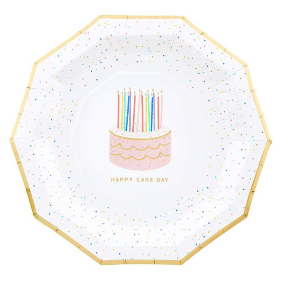 Decagon Paper Plates with "Happy Cake Day" design, 9-inch durable, disposable.