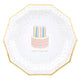 Decagon Paper Plates with "Happy Cake Day" design, 9-inch durable, disposable.
